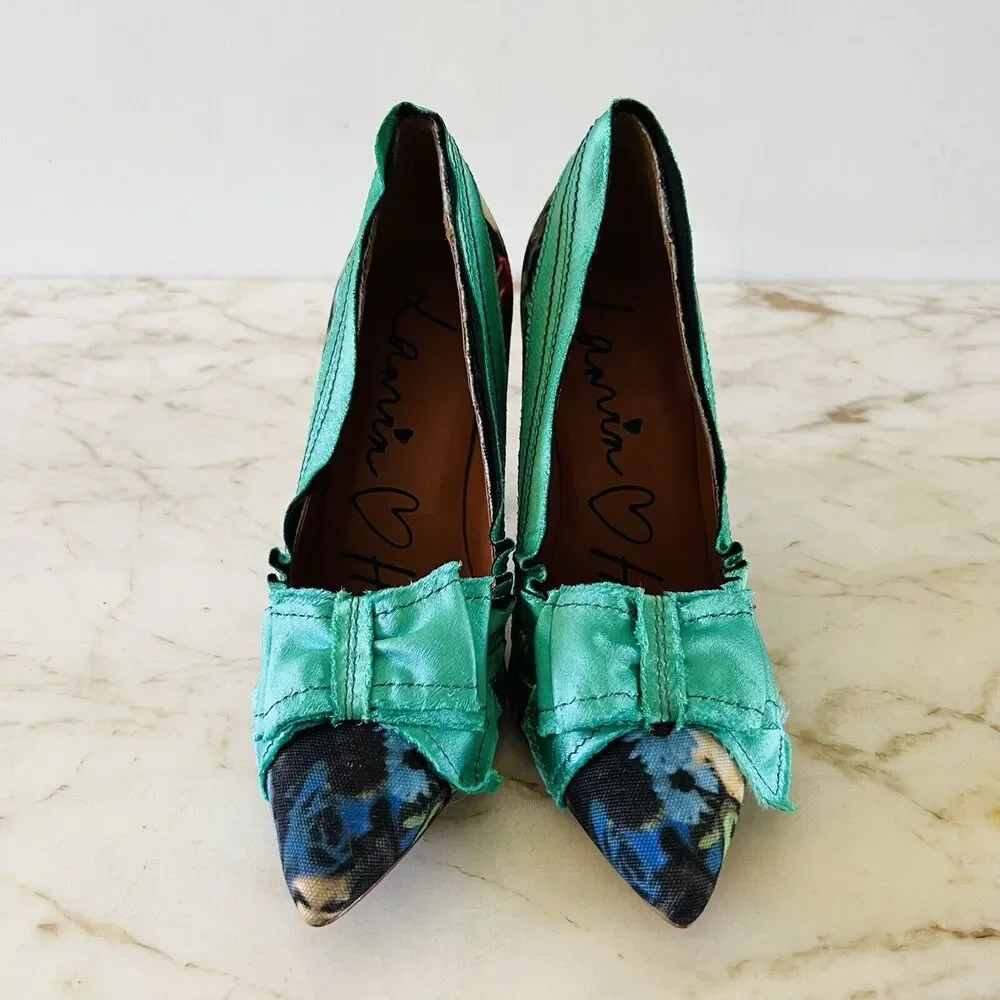 2010 LANVIN x H&M Green Floral Print Bow Mirrored Heels Pumps - EUR 38 / US 7